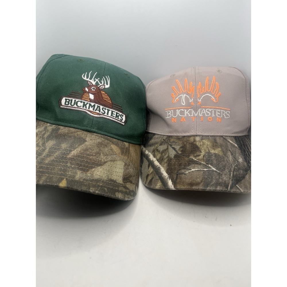 Lot of 2 Buckmasters Hunting Hats Vintage‎ Green Camo & Khaki Nation Strapback